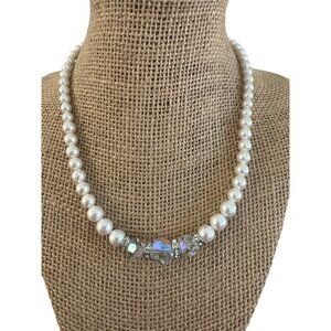 Vintage Faux Pearl Swarovski AB Crystal Necklace Toggle Clasp Choker Collar 17"